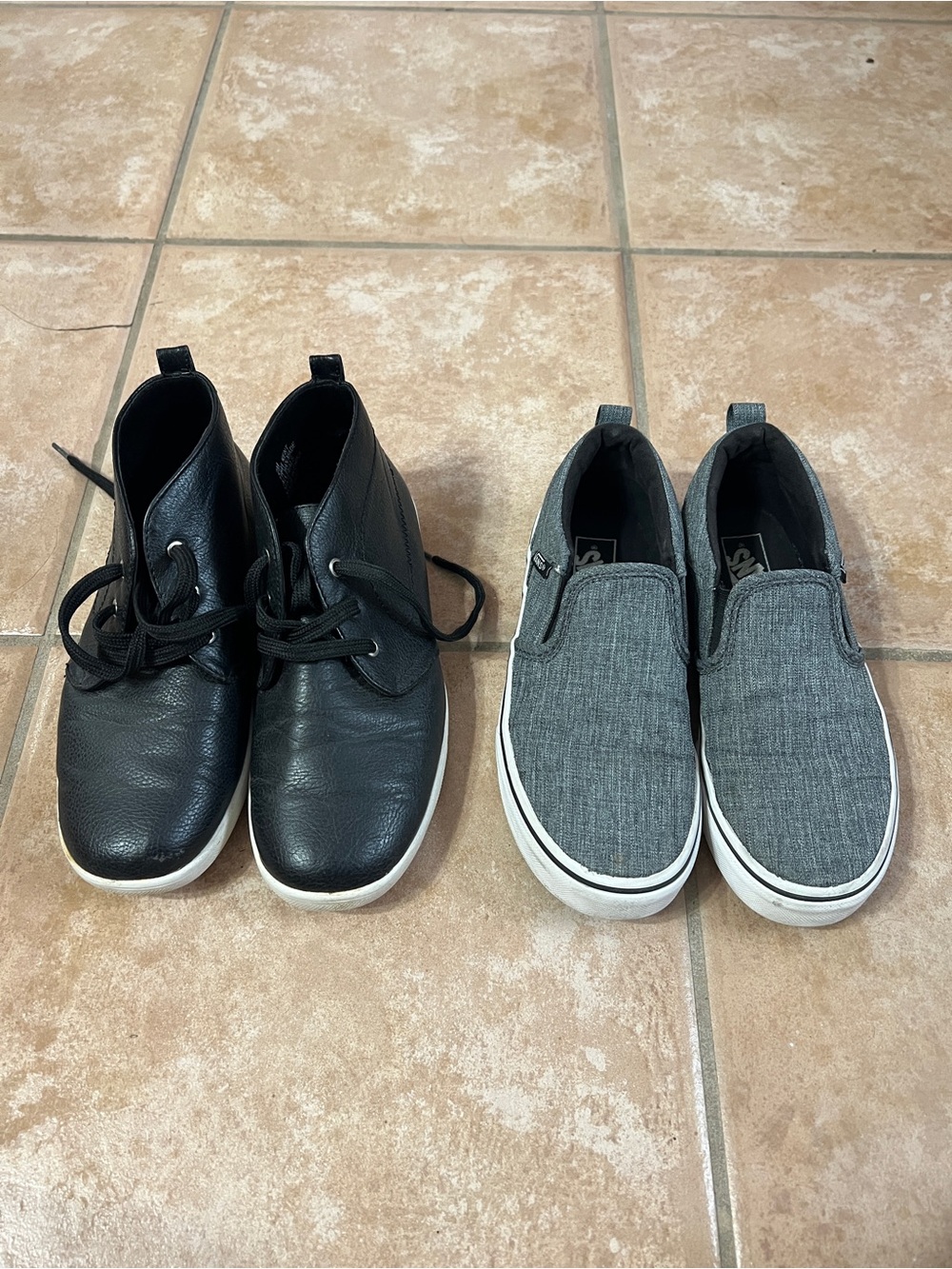 Boys size 2 casual shoe bundle slip on grey Vans and black high top dress shoes